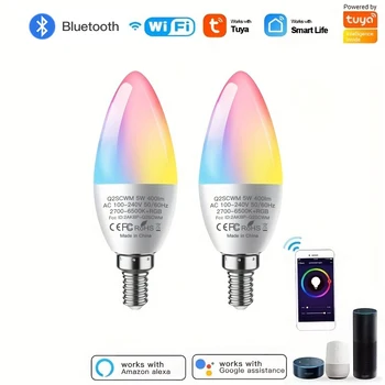 2 Шт Wifi Bluetooth умная лампочка E14 Candle Lamp RGBCW с регулируемой яркостью 5 Вт светодиодная лампа Tuya Smart Life APP Голосовое управление Alexa Google