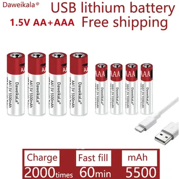 2021 Батарея AA + AAA, новая литий-ионная батарея большой емкости 5500 мАч, литий-ионная батарея AA 1,5 В, быстрая зарядка через USB, литий-ионная батарея