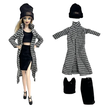 4 Предмета / комплект, Длинное клетчатое пальто + Юбка + Шляпа + Топ, Модная одежда, Винтажное повседневное пальто с длинным рукавом для куклы Барби, Аксессуары