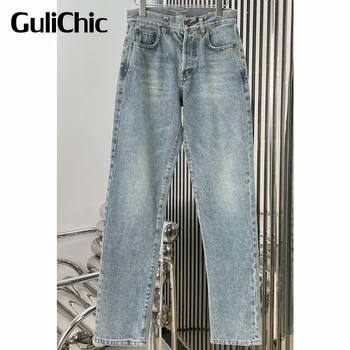 8.29 Женские прямые джинсы GuliChic из винтажного выстиранного денима с буквенным декором