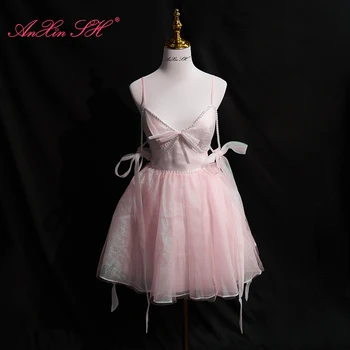 AnXin SH принцесса Русалка розовое блестящее кружевное платье на бретельках, расшитое бисером и жемчужным бантом, короткое вечернее платье на шнуровке, Маленькое цветастое платье
