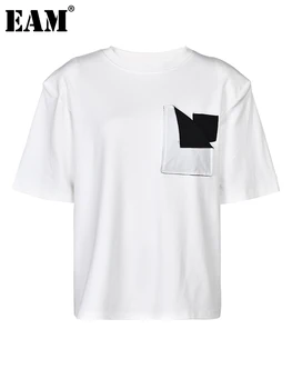 [EAM] Женская Повседневная футболка Большого размера с карманами Белого цвета, Новая Модная Футболка С круглым вырезом и коротким рукавом, Весна-Лето 2023 1DF8704