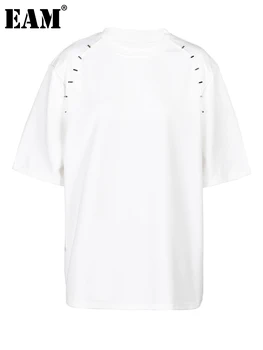 [EAM] Женская Повседневная футболка Большого размера С Белым металлическим швом Свободного кроя, Новая Мода С Круглым вырезом и Коротким рукавом, Весна-Лето 2023 1DF7418