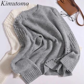 Kimutomo Элегантный свободный однотонный женский свитер с вырезами, Нежный О-образный вырез, длинные рукава, простой универсальный пуловер спицами, Ins