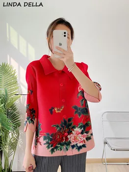 LINDA DELLA, летняя модная дизайнерская свободная блузка-кардиган большого размера, женская плиссированная футболка с винтажным цветочным принтом и пуговицами на лацкане,