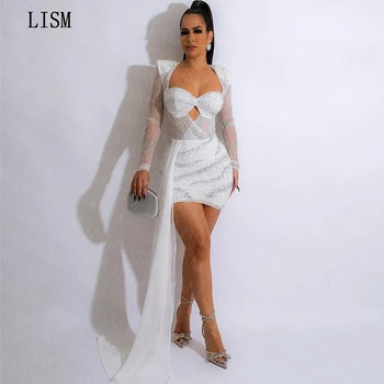 LISM, Мини-коктейльные платья в стиле милой девушки со сверкающими блестками, рукава-колпачки, Иллюзия застежки-молнии сзади, праздничное платье знаменитостей Плюс Размер