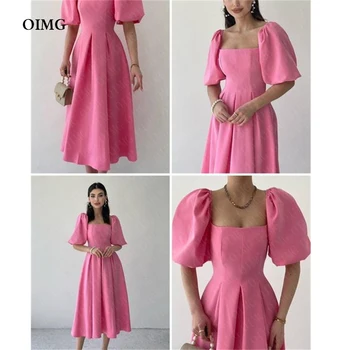 OIMG Простые розовые короткие вечерние платья трапециевидной формы с короткими рукавами без бретелек, Корейские женские платья для официальных мероприятий, выпускного вечера, платье