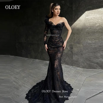 OLOEY Современные черные кружевные вечерние платья русалки с бусинами на одно плечо и длинными рукавами в Дубае, арабские женские платья для выпускного вечера, торжественный случай