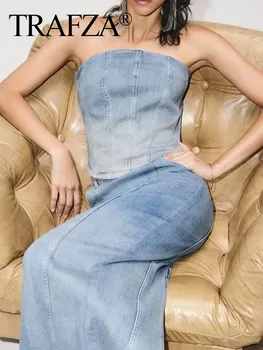 TRAF ZA Женские элегантные модные джинсовые обтягивающие топы, женские сексуальные топы без рукавов с градиентной строчкой и открытой спиной, модный уличный топ Hotsweet