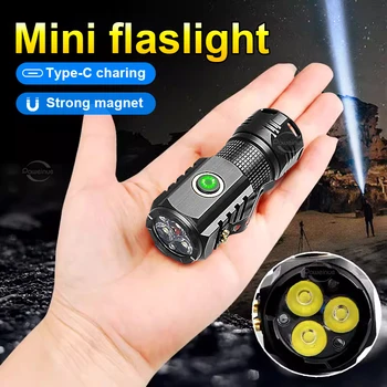 Type-c Mini 3 фитиля Супер мощный светодиодный фонарик с магнитной ручной вспышкой с зажимом, работающий от литиевой батареи 18350