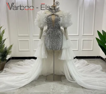 Varboo_Elsa Dubai Короткое вечернее платье с блестящими кристаллами, расшитое бисером, серебряные платья для выпускного вечера с оборками на бретелях и съемным шлейфом