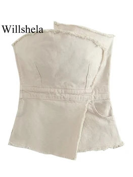 Willshela/ Женские модные джинсовые топы цвета Хаки с боковой молнией, Асимметричный корсет, винтажные топы без бретелек с вырезом лодочкой, женские Шикарные топы для леди