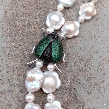 Y · YING 2 нити культивированного белого жемчуга в форме цветка Cz pave Подвеска в виде жука-шарма Ожерелье для женщин