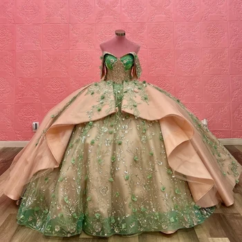Бальное платье цвета шампанского, пышные платья, Зеленые 3D Цветочные аппликации, вышитые бисером, Праздничное платье Принцессы 15 Anos Sweet 16 на День рождения