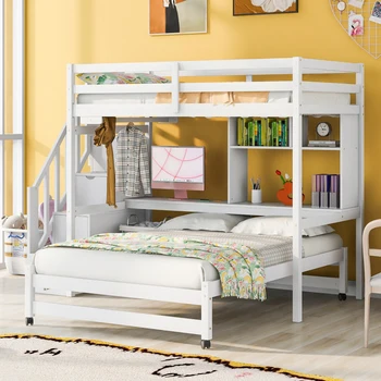 Белая двухместная двухъярусная кровать с лестницей для хранения, письменным столом, полками и вешалкой для одежды, для домашней мебели для спальни