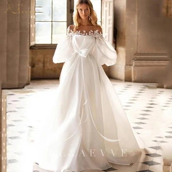 Белые шифоновые свадебные платья с длинным рукавом Свадебное платье для женщин 2024 Невеста с открытыми плечами Вырез лодочкой Элегантное платье Женщина Гражданская