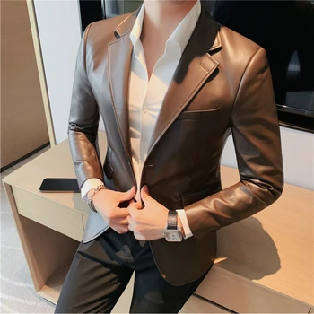 Брендовая одежда Мужская кожаная куртка в британском стиле, тонкие блейзеры из искусственной кожи, однотонный деловой повседневный костюм, куртка, мужская одежда