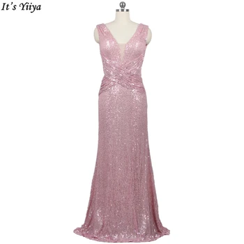 Вечерние платья It's Yiiya Real Photo, Розовые С блестками, Глубокий V-образный вырез, Русалка, длина до пола, Большие размеры, Женские Вечерние платья C293
