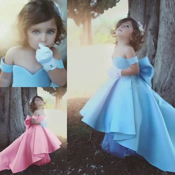 Вечерние платья для девочек-цветочниц в стиле Лолиты, светло-голубое бальное платье, детское свадебное платье для Первого причастия, принцесса со шлейфом