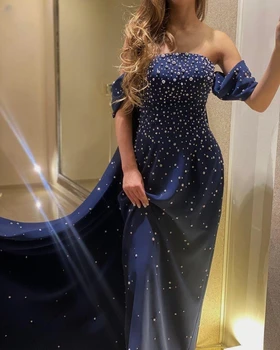 Выпускные платья Santorini Темно-синего цвета 2024, расшитое бисером Роскошное вечернее платье с длинным шлейфом, расшитое бисером, Vestidos De Noches для вечеринок с открытыми плечами