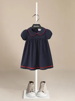 Высококачественное летнее платье для маленьких девочек с круглым вырезом и коротким рукавом, хлопковое повседневное платье длиной до колен