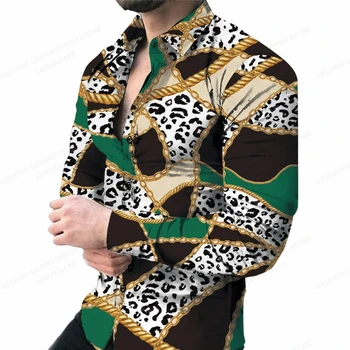 Гавайские рубашки с длинным рукавом, мужская модная рубашка, Леопардовые блузки, Пляжная блузка, рубашки-цепочки, мужская одежда, камзолы с отложным воротником