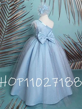 Голубое платье в цветочек для девочек с пышными рукавами, платье принцессы для девочек, свадебное платье для первого причастия, платья для девочек-цветы