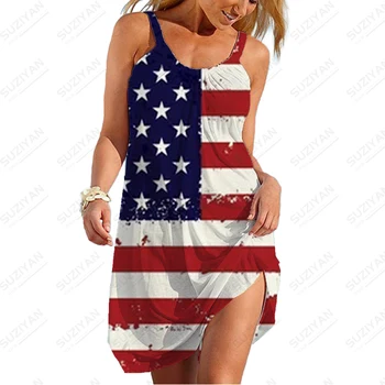 Горячая распродажа, женское летнее платье-камзол с 3D-печатью американского флага, Свободное повседневное платье, платье для отпуска, женская одежда