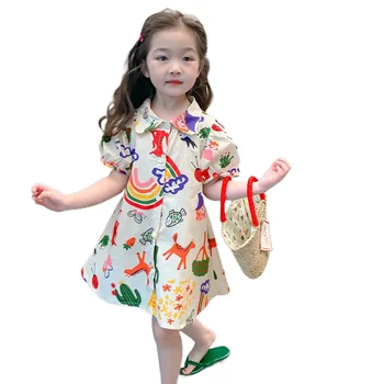 Детская одежда 2023 Лето, Новый Радужный Красочный Мультяшный узор, Короткий рукав с пышными лацканами, Однобортное Милое платье