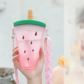 Детский чайник для девочек, Милый стаканчик для воды с фруктовым мороженым с соломинкой, Герметичная бутылка для воды в виде милого Арбуза, Портативный пластиковый стаканчик для путешествий