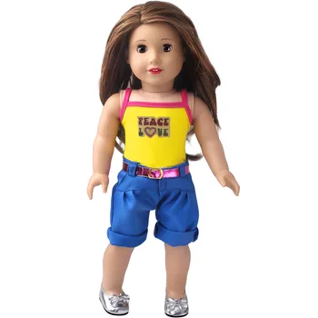 Желто-синий комплект одежды для куклы Peace Love для 18-дюймовой американской куклы, камзол, шорты с поясом, костюм для отдыха, аксессуары для кукол для девочек 1/4 дюйма