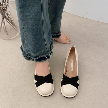 Женская обувь на толстом каблуке, весна и осень 2023, новые винтажные тонкие туфли с круглым носком и мелким ртом универсального стиля