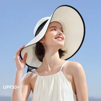 Женская соломенная солнцезащитная шляпа для летних каникул с широкими полями, дышащие солнцезащитные шляпы для женщин, универсальные пляжные аксессуары, кепка с бантом