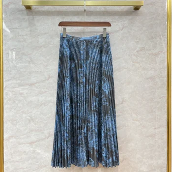 Женские длинные юбки из хлопчатобумажной смеси, винтажная юбка с чернильным принтом, плиссированная юбка миди для отдыха высокого класса с подкладкой