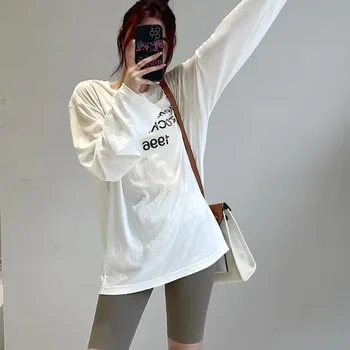 Женские универсальные свободные футболки Lazy с буквенным принтом, женская хлопковая льняная тонкая футболка с длинными рукавами, новая летняя мода 2023 года