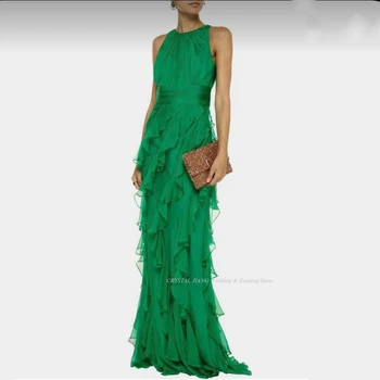 Изумрудно-зеленое Шифоновое вечернее платье с оборками, сшитое на заказ, без рукавов, длиной до пола, длинные платья для выпускного вечера для женщин