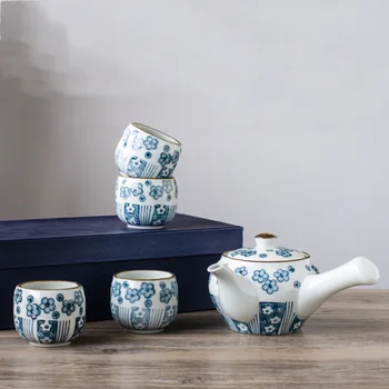 Керамический кофейно-чайный сервиз, Японская сине-белая фарфоровая посуда для саке, Креативная Подарочная коробка на 1 горшок и 4 чашки, Семейная барная посуда для напитков