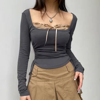Контрастная футболка с квадратным вырезом и бантиком на подкладке, Нежный плиссированный топ со шнуровкой на талии во французском ретро-стиле для женщин