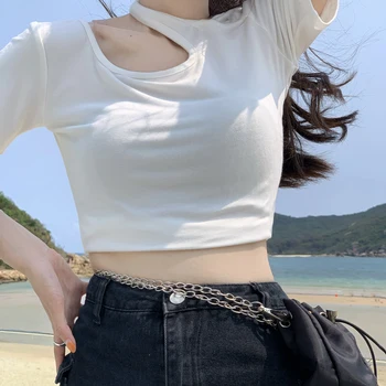 Корейская летняя футболка 2021 года с коротким рукавом, сексуальная клубная одежда, женский укороченный топ, футболка, повседневная Тонкая Черная полая горячая Женская футболка