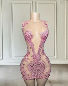 Короткое розовое платье для дня рождения для женщин 2023, платья для выпускного вечера с кружевной аппликацией в виде русалки, вечерние платья с прозрачным вырезом, Vestidos De Graduación