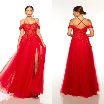 Красные платья на бретельках для выпускного вечера с разрезом от плеча с 3D цветочными аппликациями, платье подружки невесты, модное Vestido De Novia