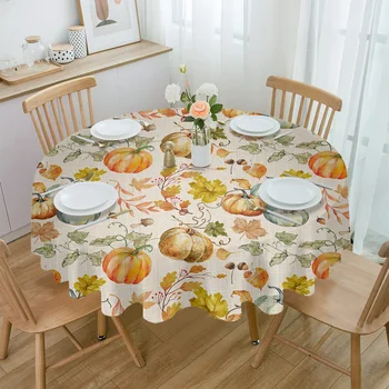 Круглая скатерть с листьями тыквы на День Благодарения, водонепроницаемое покрытие стола для свадебной вечеринки, Праздничная скатерть для обеденного стола
