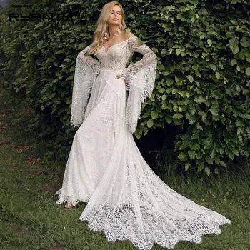 Кружевное длинное богемное свадебное платье с романтичными рукавами 