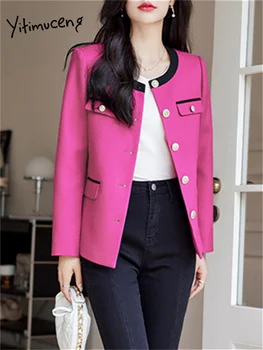 Куртки контрастного цвета Yitimuceng для женщин 2023, осенние новые модные пальто с круглым вырезом, офисные женские однобортные шикарные элегантные куртки