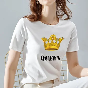 Летняя женская футболка с 3D буквенным принтом и короной, повседневная уличная черно-белая базовая женская футболка