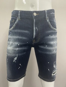 Лето 2023 г. Новые модные мужские джинсы на четверть, модные облегающие эластичные короткие мужские шорты в крапинку с модным отверстием