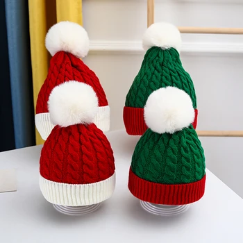 Милые Рождественские шапки, Вязаная семейная одежда для мамы и детей, осень-зима, Счастливого Рождества, Плюшевая шляпа с мячом для родителей и детей, Модные Аксессуары
