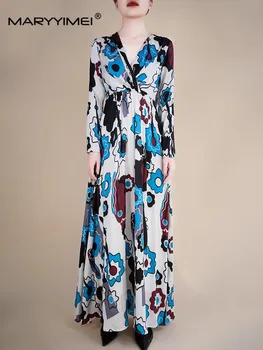 Модное дизайнерское весеннее женское платье MARYYIMEI с V-образным вырезом и длинными рукавами, винтажные элегантные платья макси с принтом