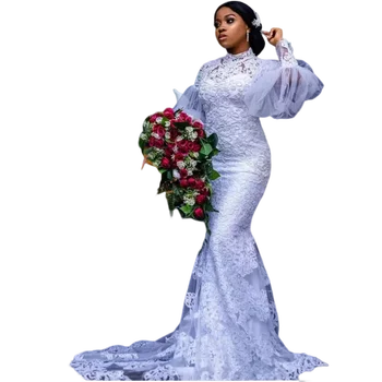 Модные свадебные платья с кружевными аппликациями в виде Русалочки с высоким вырезом и шлейфом, свадебные платья больших размеров с пышными рукавами.