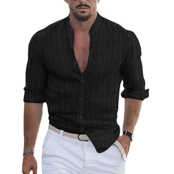 Мужская рубашка большого размера С длинным рукавом, Свободные Высококачественные Повседневные Рубашки в полоску С принтом, Повседневный Топ с пряжкой